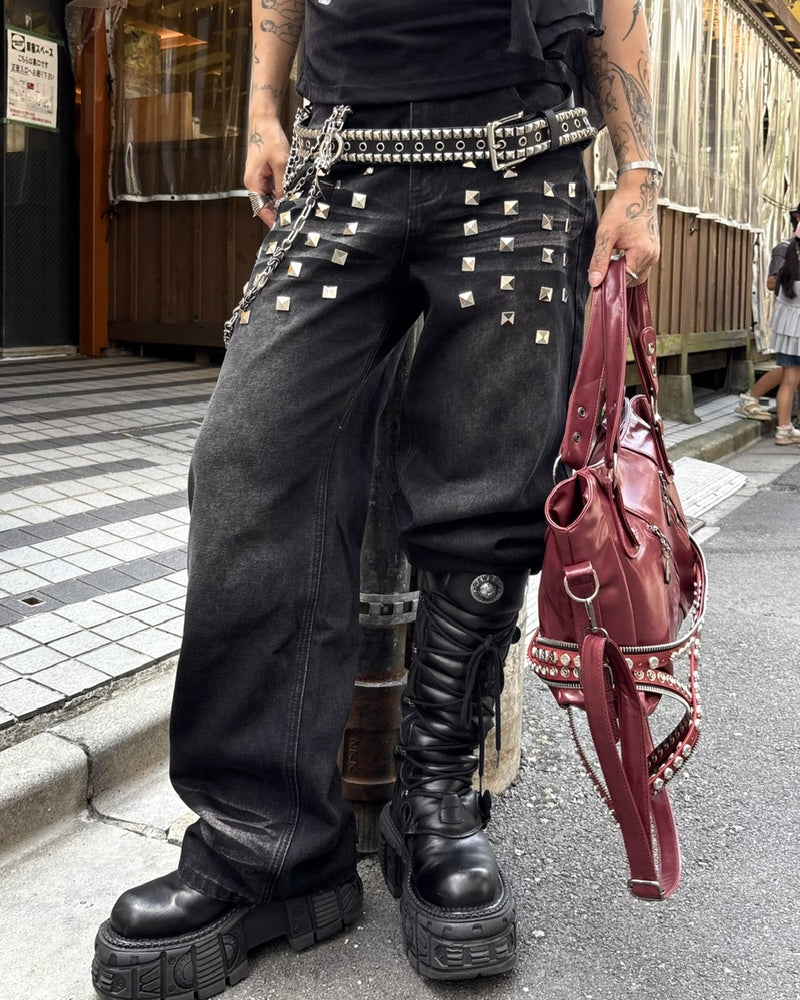国際配送【Never mind the XU】studs washed wide denim pants (2color)