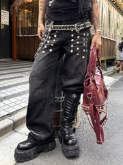 国際配送【Never mind the XU】studs washed wide denim pants (2color)