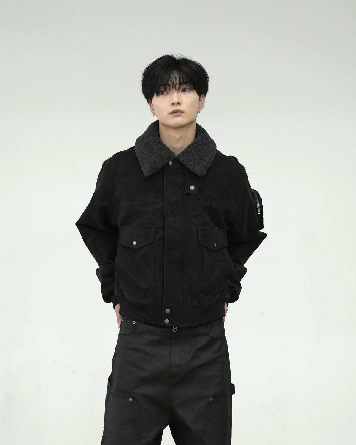 【CHIKASHITSU PLUS HIGH】Boa collar faux leather flight jacket
