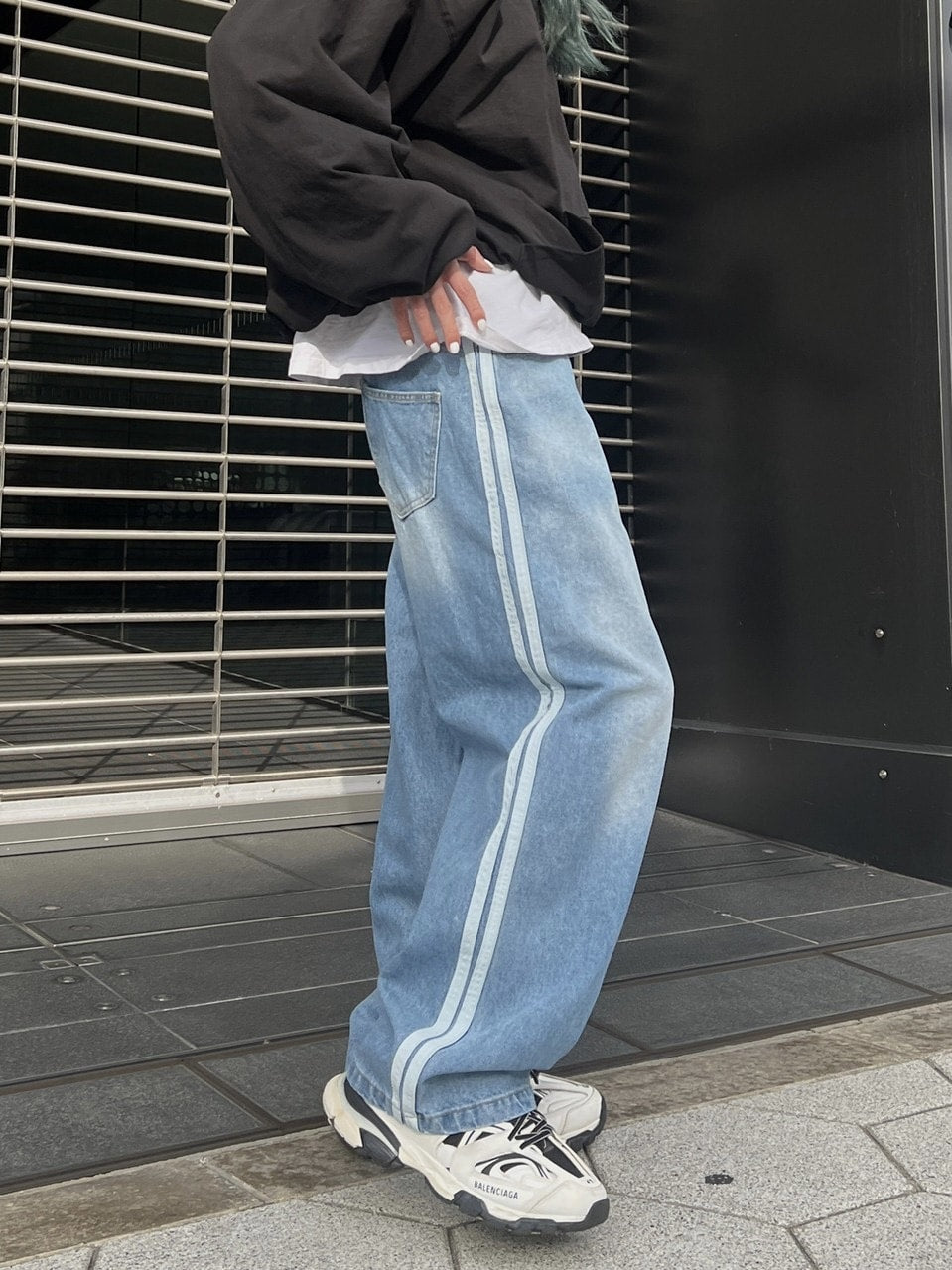 受注制【Chikashitsu +】oversized side line denim pants (2color)