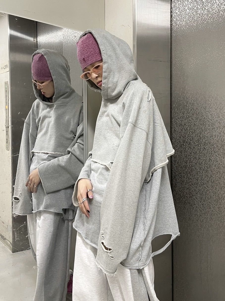 受注制【Never mind the XU】layered damage hoodie (2color)