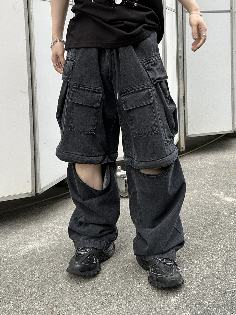 受注制【Chikashitsu +】2way heavy pocket denim cargo pants (2color)
