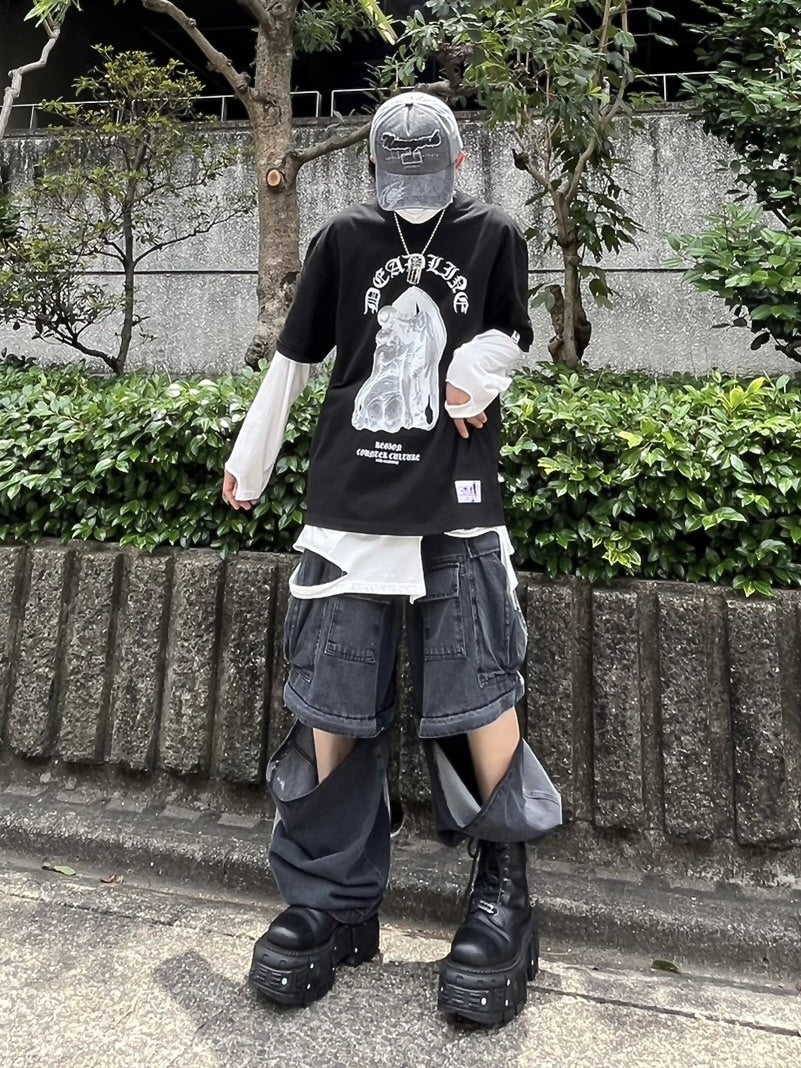 受注制【Never mind the XU】2way denim wide cargo pants (2color)