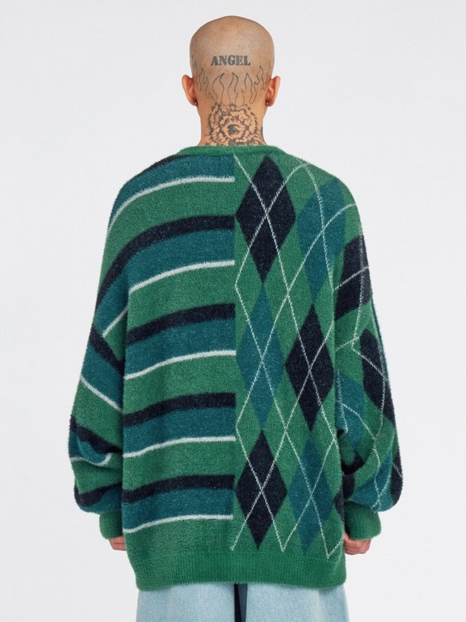 【AJOBYAJO】Argyle Stripe Mixed Cardigan / 【アジョバイアジョ】アーガイルストライプボーダーミックス長袖カーディガン