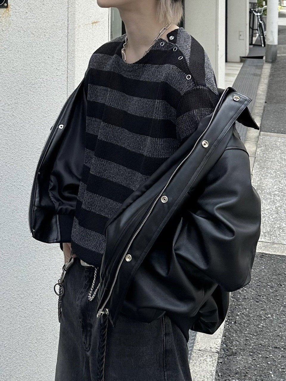 大阪店WEB限定受注制【Chikashitsu +】shoulder snap border knit (2color)