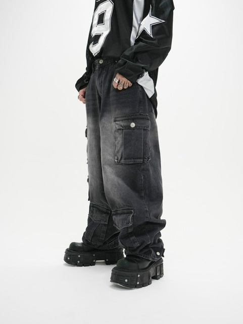 受注制【Never mind the XU】pocket cargo denim pants (2color) / 【ネバーマインドザエックスユー】ポケットカーゴワイドデニムパンツ
