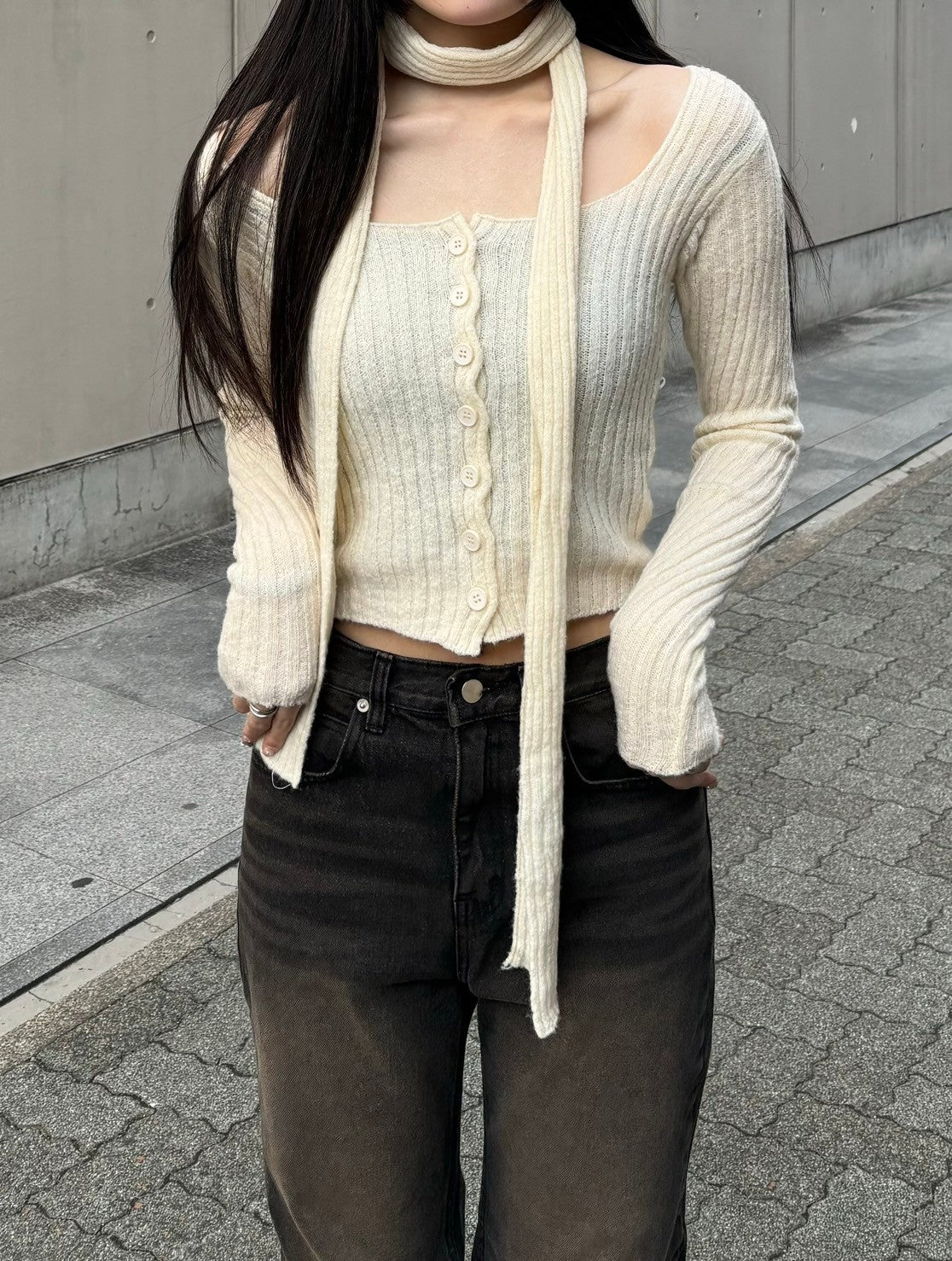 【Chikashitsu + LADIES】scarf set cropped knit tops (2color)