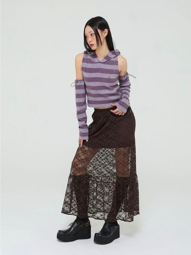 【Uglyshadow】STRIPED HOODED KNIT VEST WARMER SET