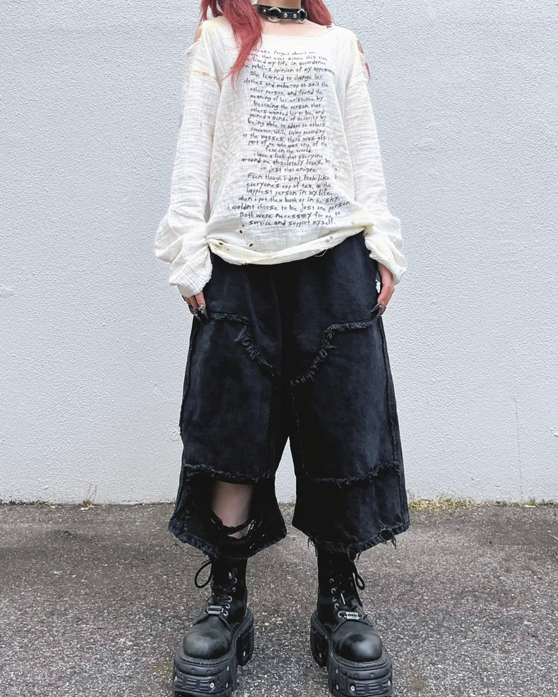 受注制【Bizarre Maiden】damage wide half denim pants