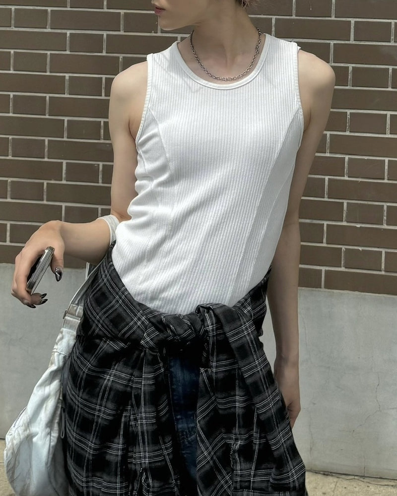 受注制【Chikashitsu +】stitch rib sleeveless (3color) / 【チカシツプラス】ステッチリブタンクトップ