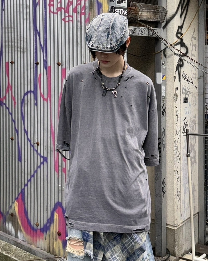 受注制【Never mind the XU】damage oversized tee (2color)