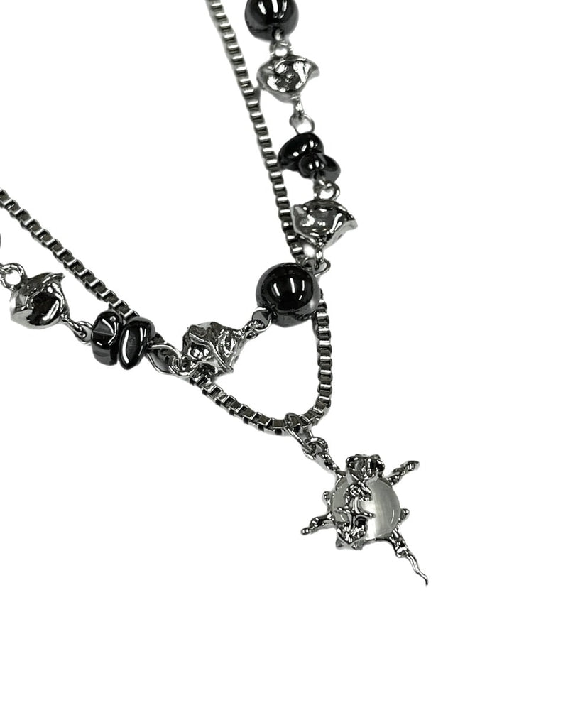 受注制【Never mind the XU】stone chain layered necklace / 【ネバーマインドザエックスユー】ストーンチェーンレイヤードネックレスシルバーネックレス