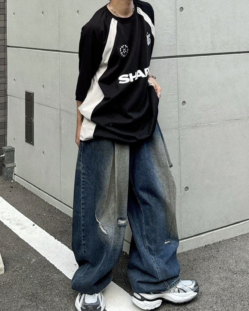 受注制【RENOL】damage denim wide easy pants