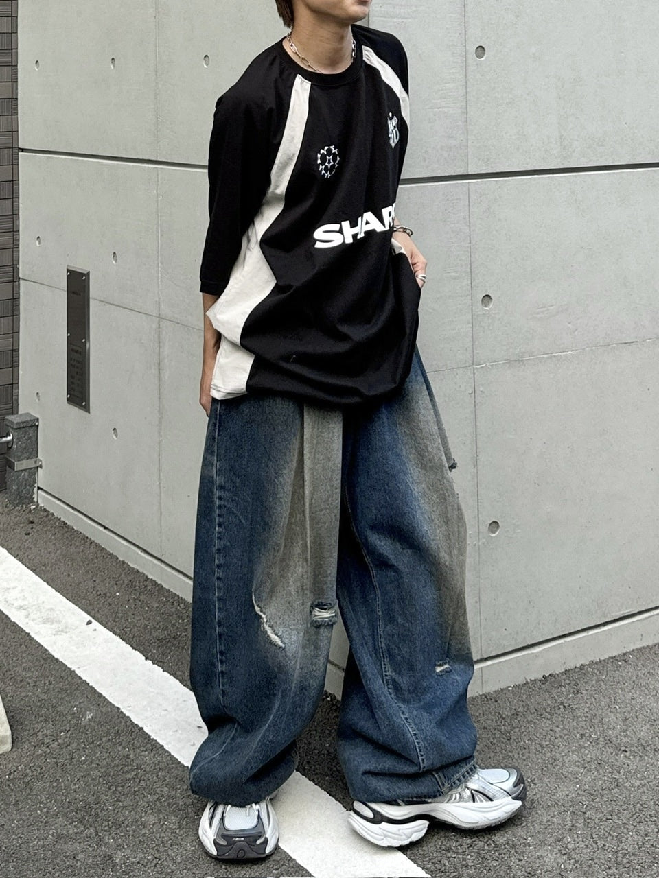 受注制【RENOL】damage denim wide easy pants