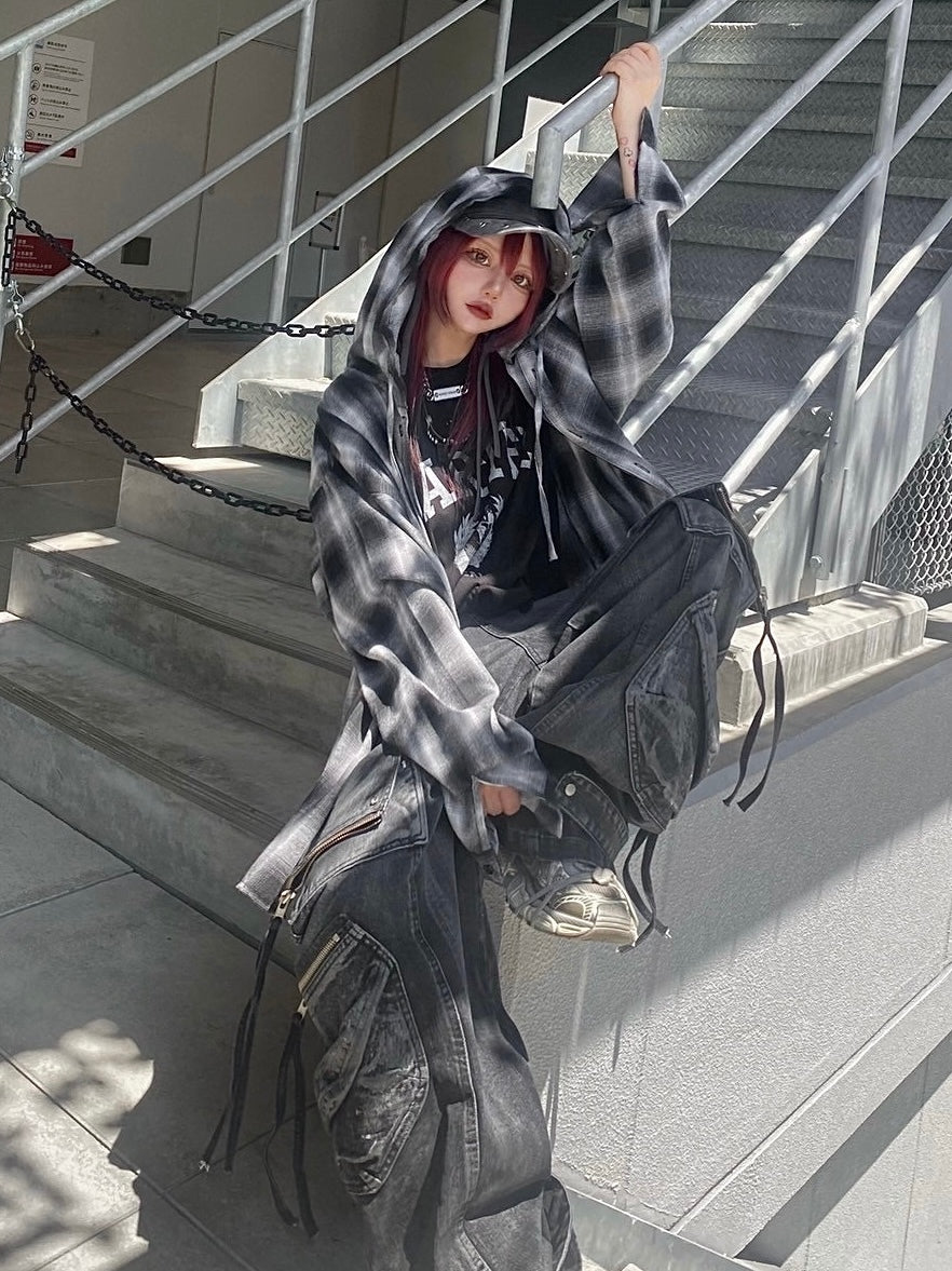 受注制【Never mind the XU】check hood shirt / 【ネバーマインドザエックスユー】チェックフード長袖シャツ