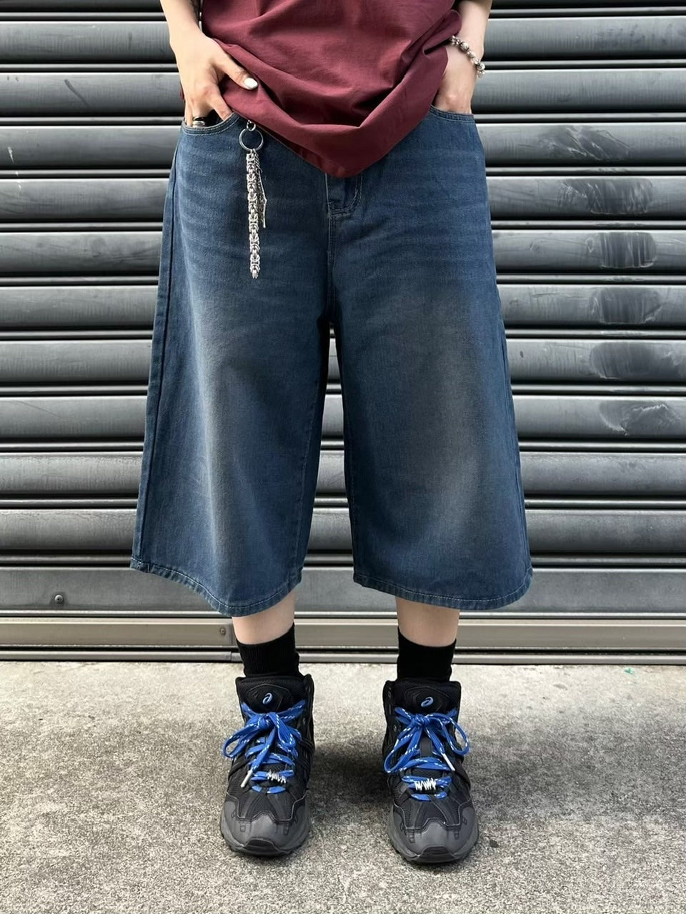 【Chikashitsu +】vintage wash wide denim half pants (2color)