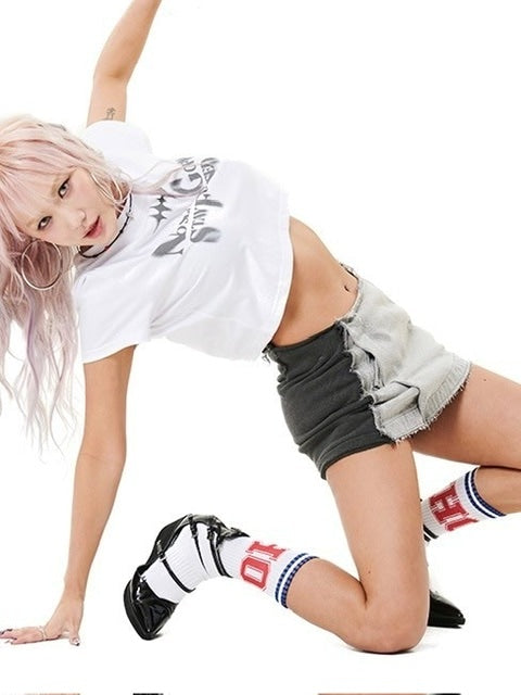 【HOLY NUMBER 7】Girl's hip-hop CROP T-SHIRTS / 【ホーリーナンバーセブン】ガールズヒップホップクロップ半袖Tシャツ