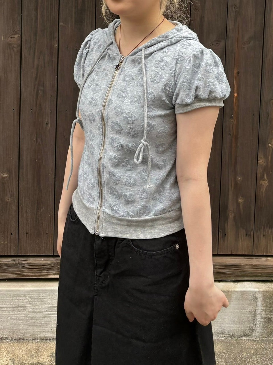 受注制【OaKS】flower pattern cropped zip hoodie (2color)