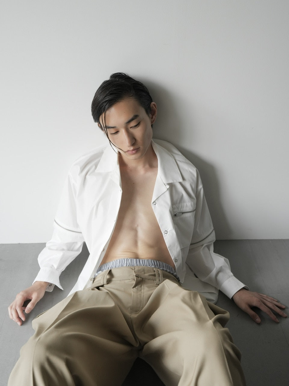 【CS】2way zip square cut shirt (white) / 【シーエス】2ウェイジップスクエアカット長袖シャツ