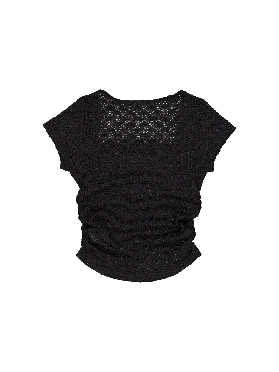 【SETUP‐EXE】FRILL BOW CROP TOP / 【セットアップエグゼ】フリルクロップリボンロゴプリント半袖Tシャツ