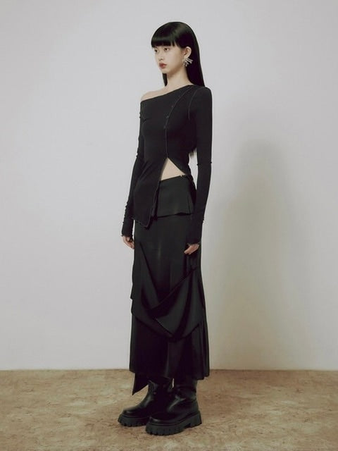 【FLAREUP】One-Shoulder Lettuce Stitch Cardigan