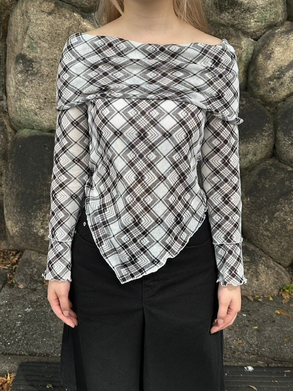 受注制【oaks】argylle off shoulder tops (2color)