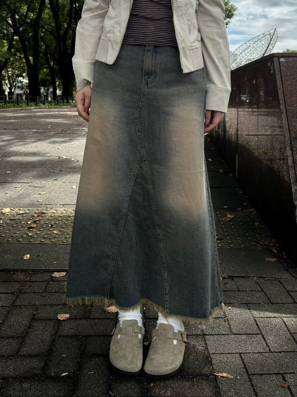 受注制【oaks】vintage wash denim maxi skirt (2color)