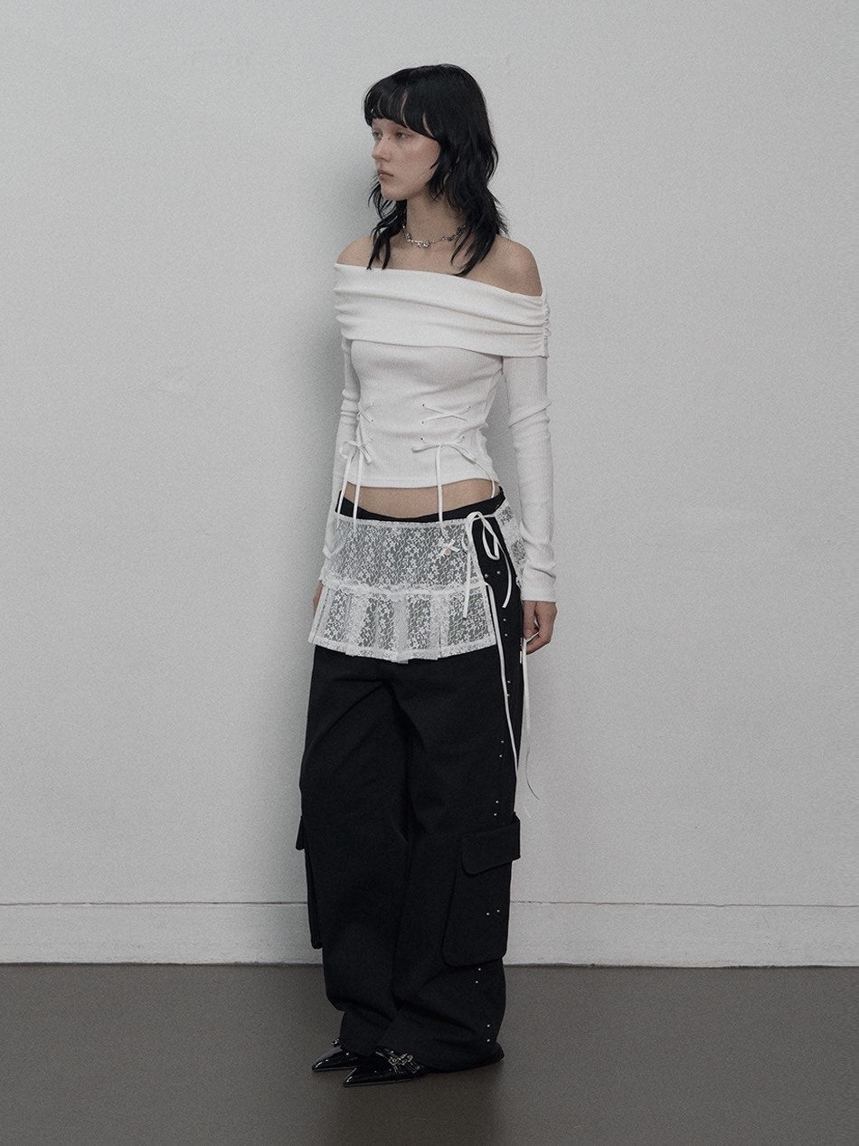 【SETUP-EXE】CORSET OFF-SHOULDER TOP / 【セットアップエグゼ】コルセットリボンオフショルダー長袖Tシャツ