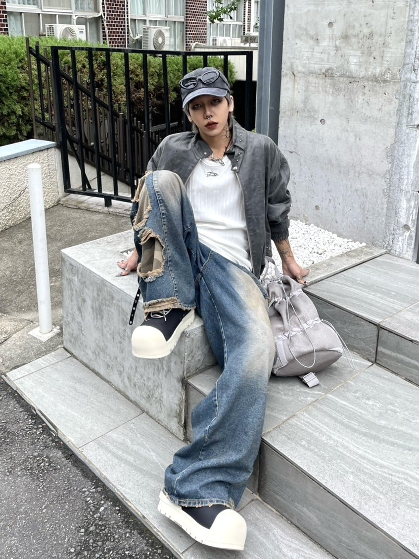 受注制【Never mind the XU】camouflage side damage denim pants (2color) / 【ネバーマインドザエックスユー】カモフラージュサイドダメージワイドデニムパンツ