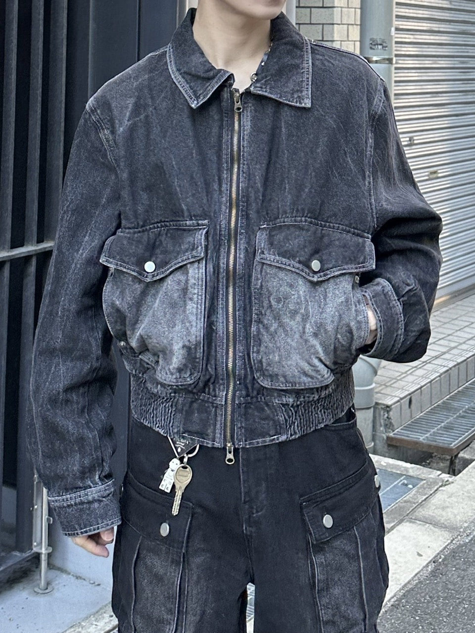 大阪店WEB限定受注制【Chikashitsu +】vintage wash cropped denim jacket (black)