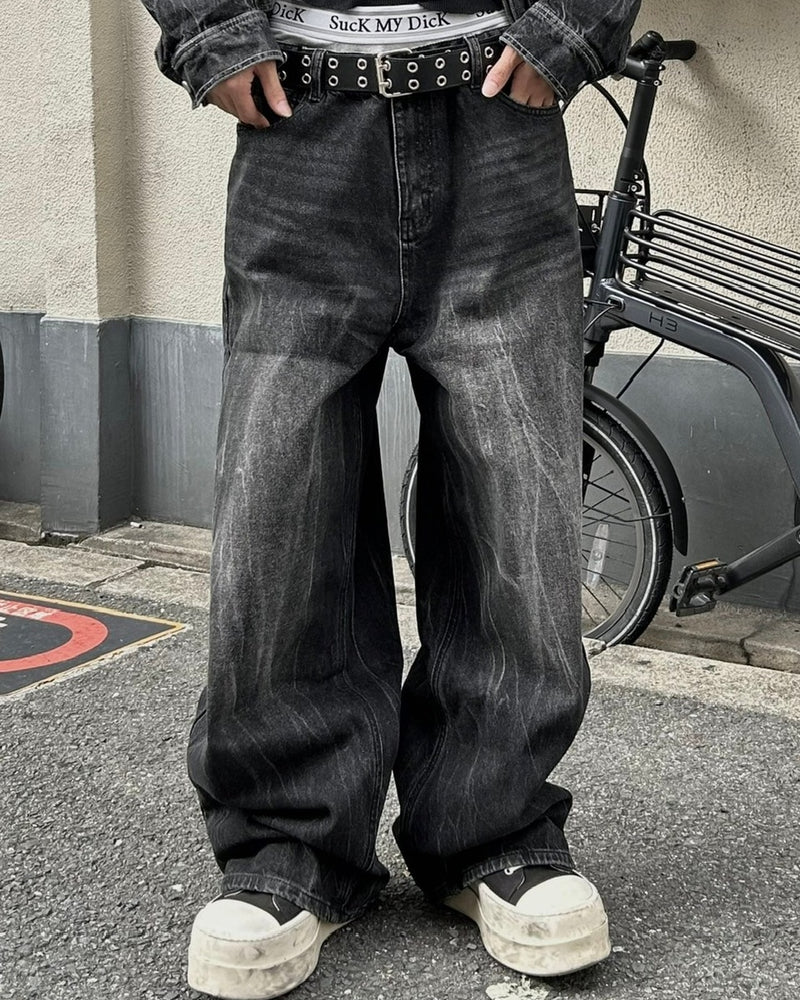 大阪店WEB限定受注制【Chikashitsu +】vintage wash wide denim pants (black)