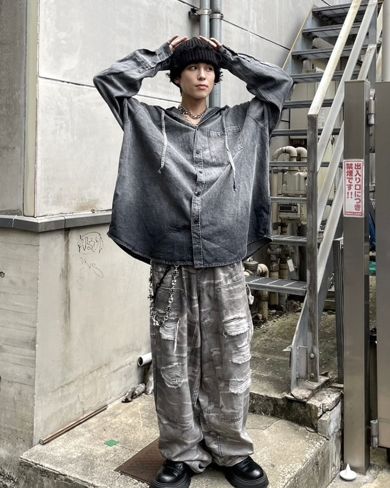 受注制【Never mind the XU】denim hood shirt