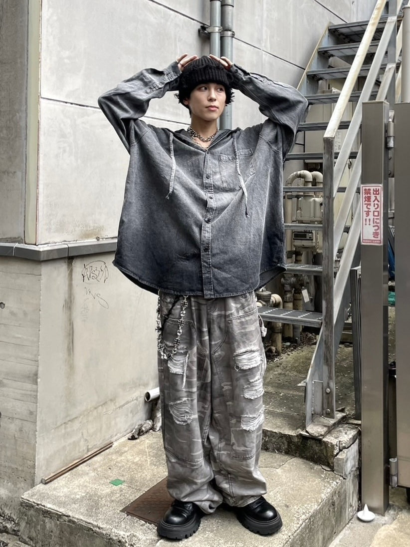 受注制【Never mind the XU】denim hood shirt