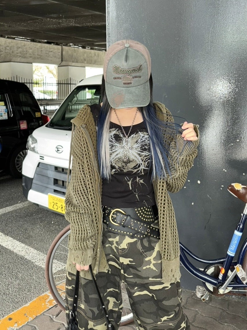 受注制【Never mind the XU】mesh zip damage hoodie (2color) / 【ネバーマインド ザ エックスユー】メッシュダメージジップアップ長袖パーカー