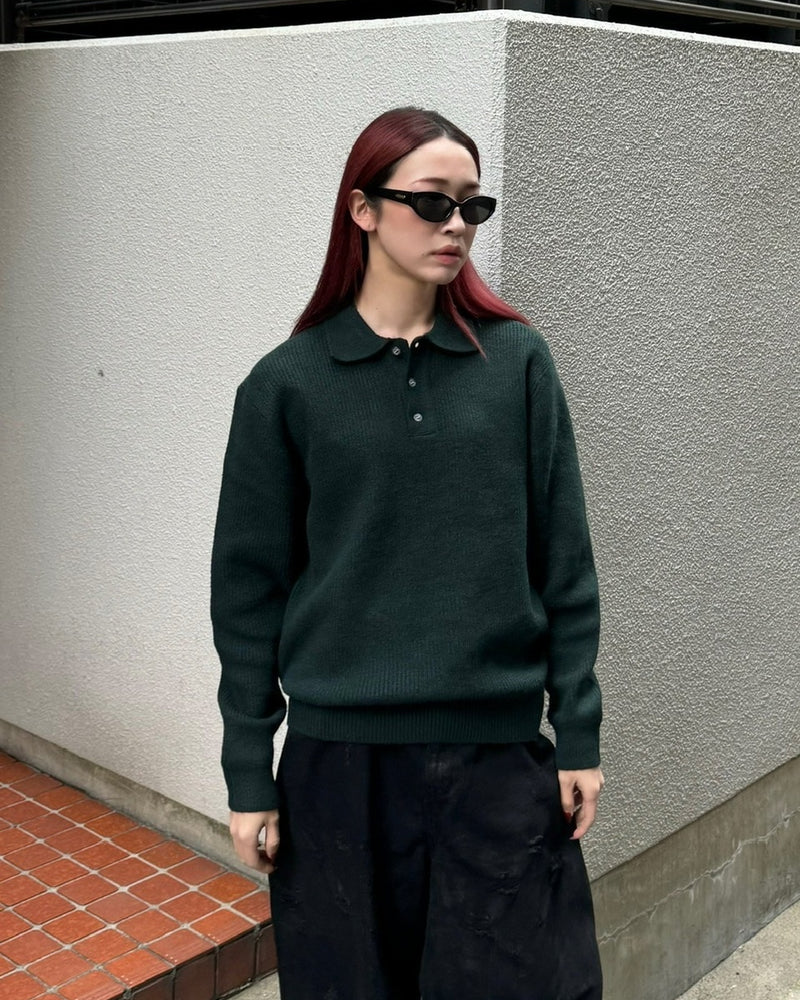 受注制【Chikashitsu +】wool touch lib knit polo (4color) / 【チカシツプラス】ウールタッチリブ長袖ニット