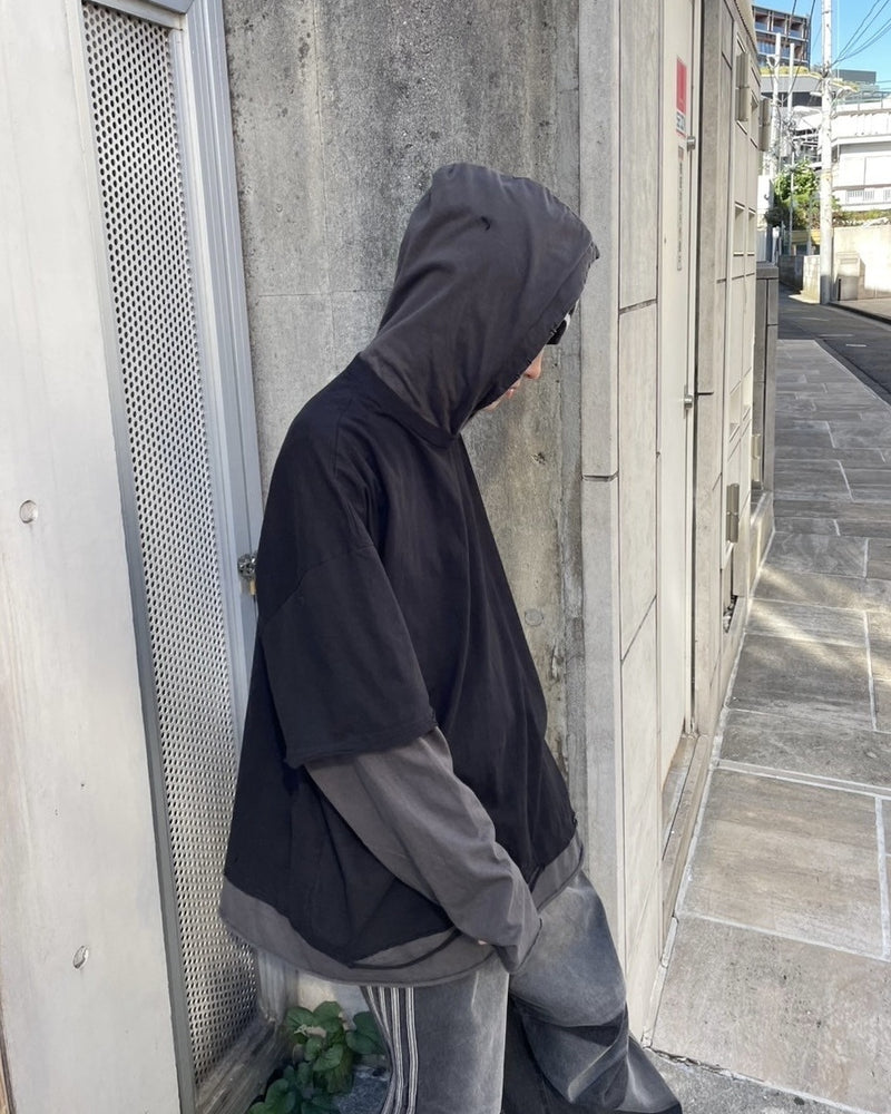 受注制【nmtc +】bi color layered hood long sleeve tee (2color)