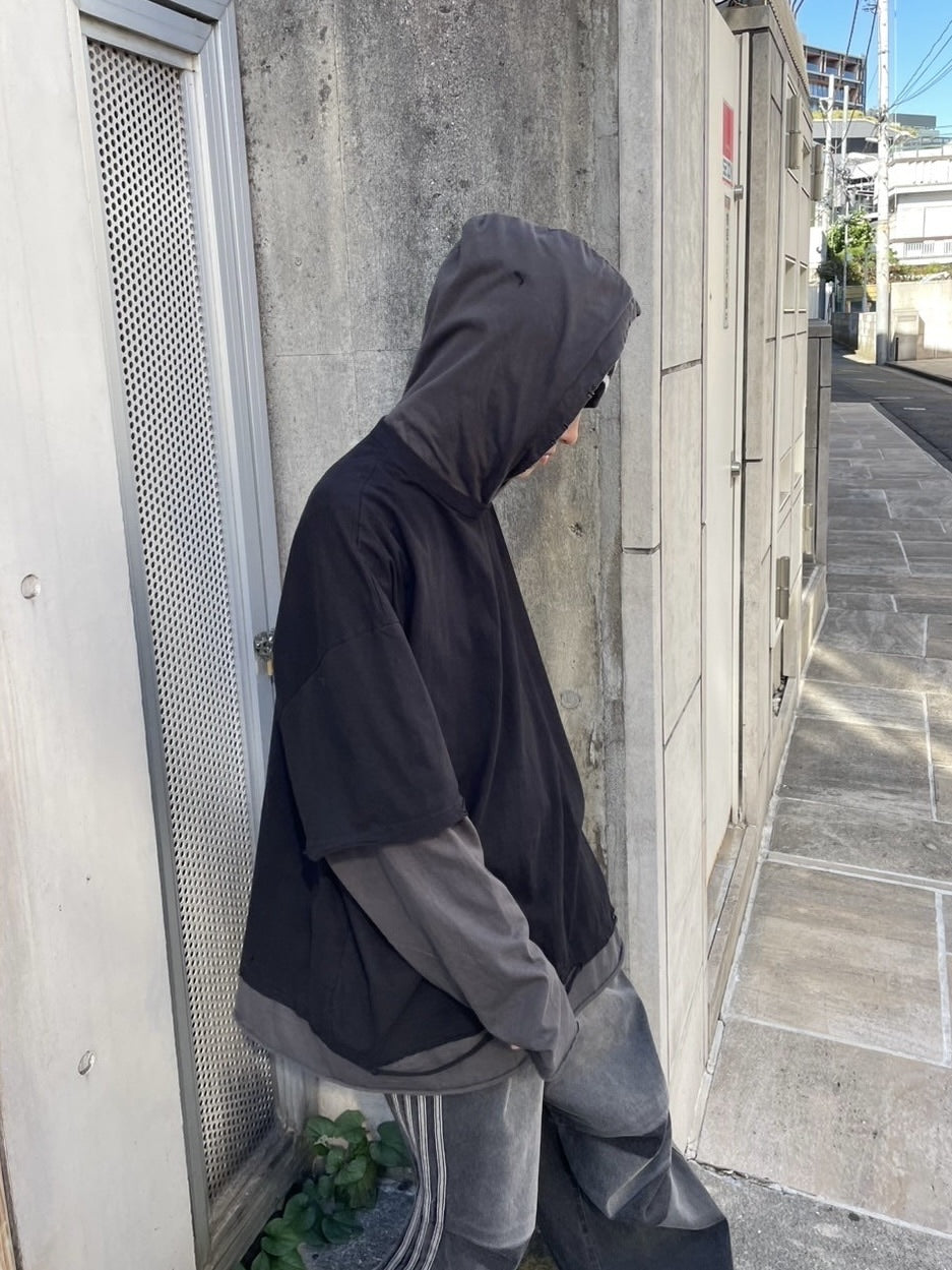 受注制【nmtc +】bi color layered hood long sleeve tee (2color)