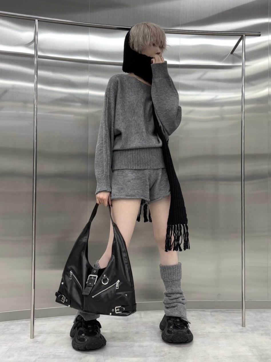 【nmtc +】one shoulder knit and shorts set (4color)