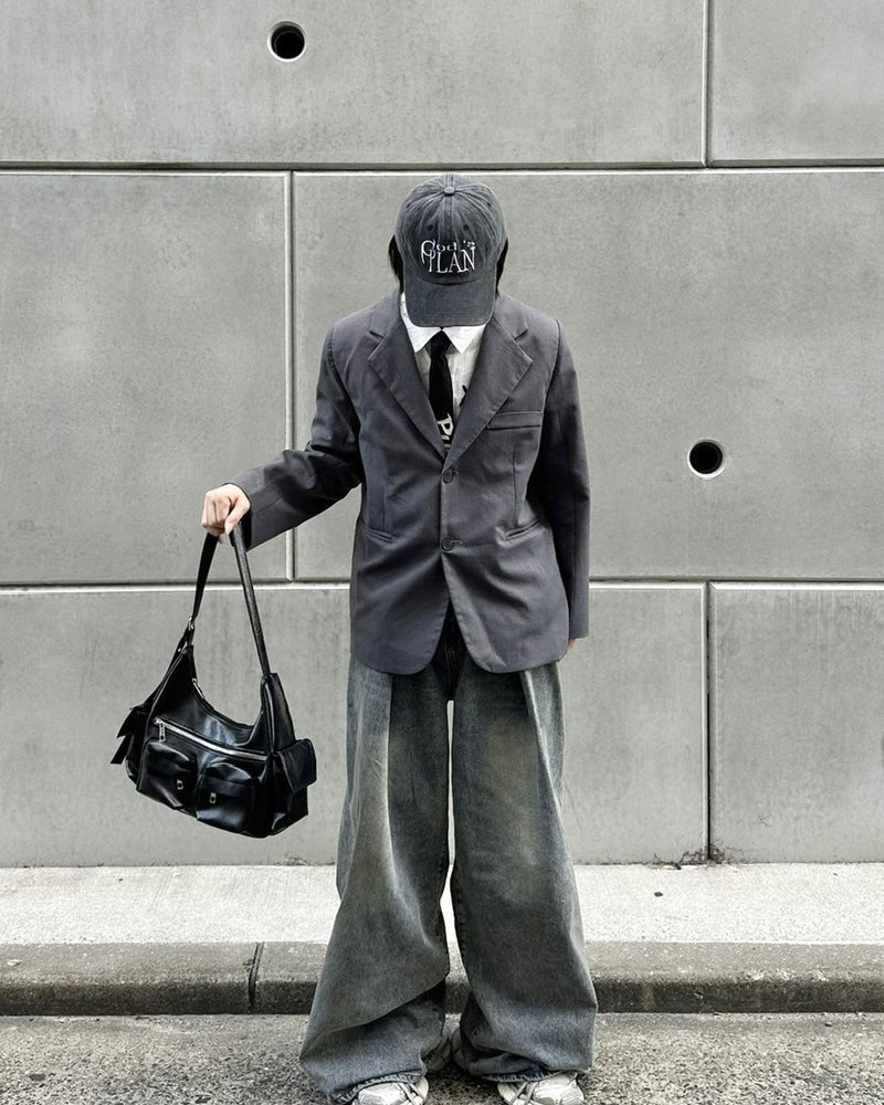 国際配送【LUV CODE】washed denim tuck wide pants