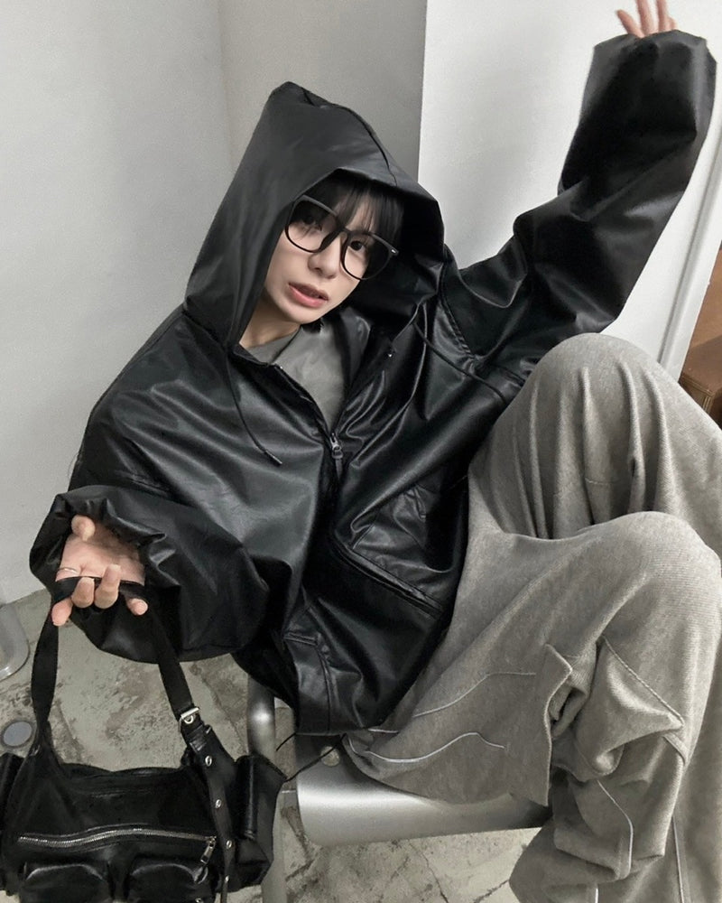 国際配送【LUV CODE】leather hooded jacket