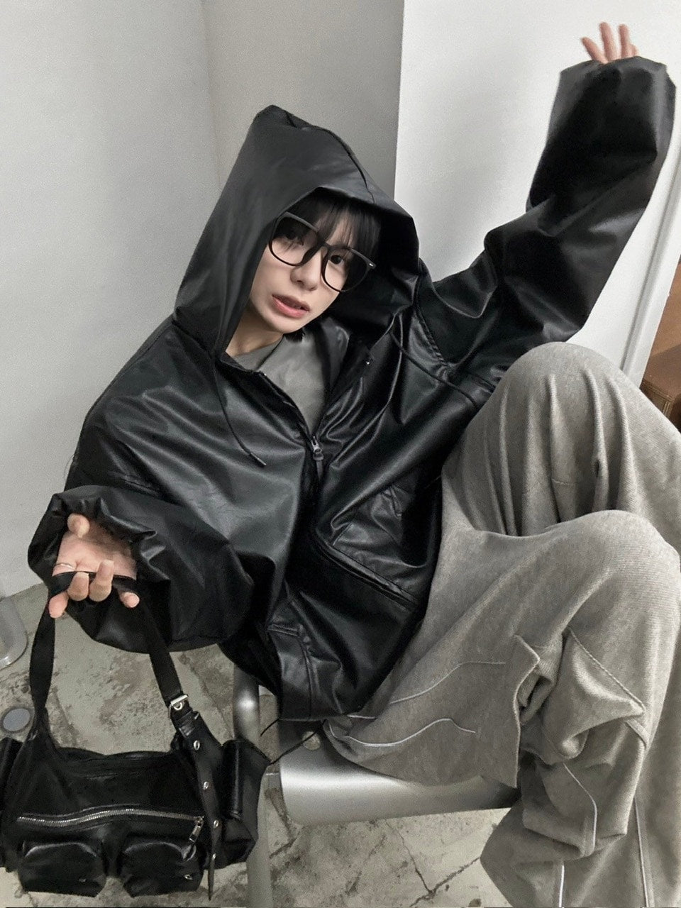 国際配送【LUV CODE】leather hooded jacket