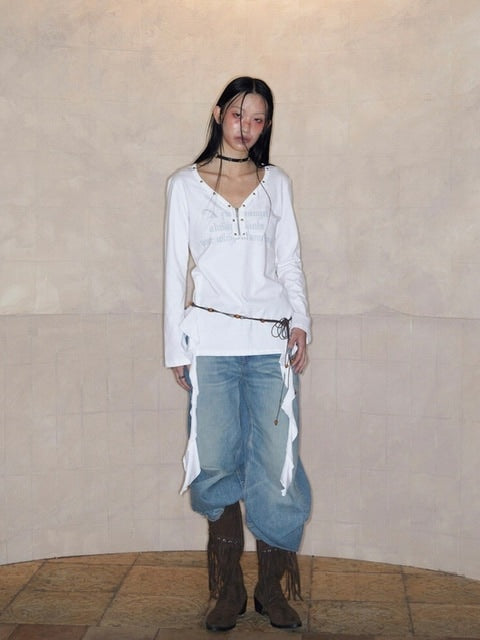 【NOT KNOWING】STUD V-NECK RUFFLE TOP / 【ノットノーイング】スタッヅＶネックラッフル長袖Ｔシャツ