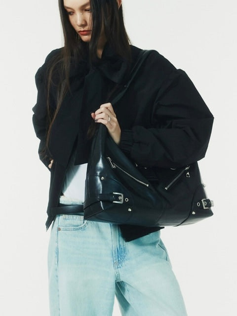 【NOT KNOWING】Black Moto Hobo Bag (LEATHER)