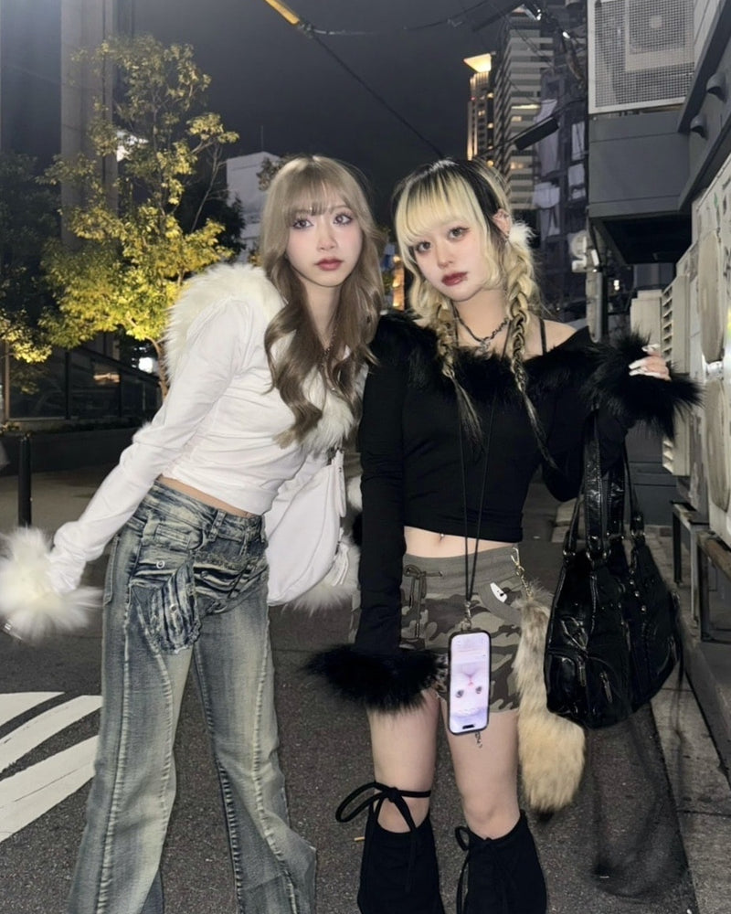 受注制【Never mind the XU】v neck crop fur hoodie (2color)