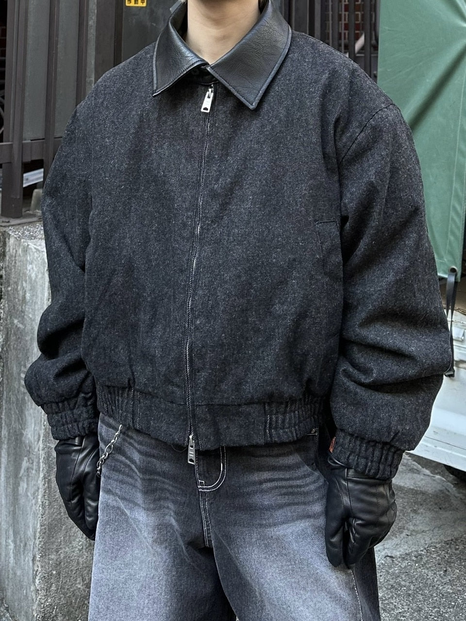 大阪店WEB限定【Chikashitsu +】cropped leather collar denim jacket