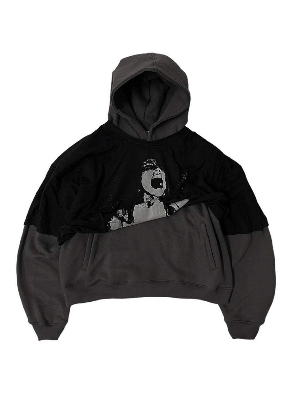 【haveyoudiedbefore?】Despair, Shirt Hoodie / 【ハブユーダイドビフォー?】グラフィックレイヤードプルオーバーパーカー