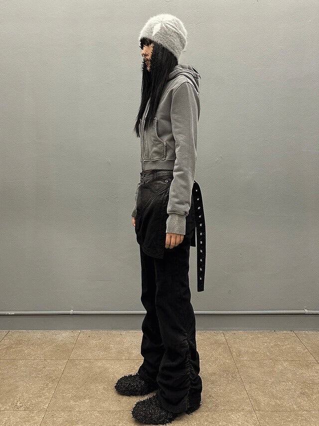 【BLR BLUER】BLEACHED CURVED INCISION SWEAT HOODIE ZIP-UP (Ｗ)