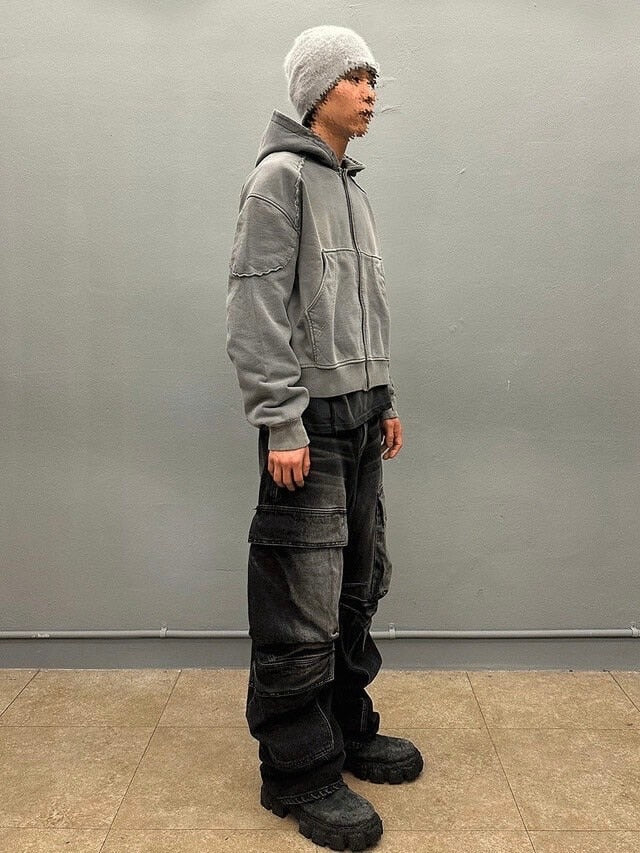 【BLR BLUER】BLEACHED CURVED INCISION SWEAT HOODIE ZIP-UP (Ｍ)