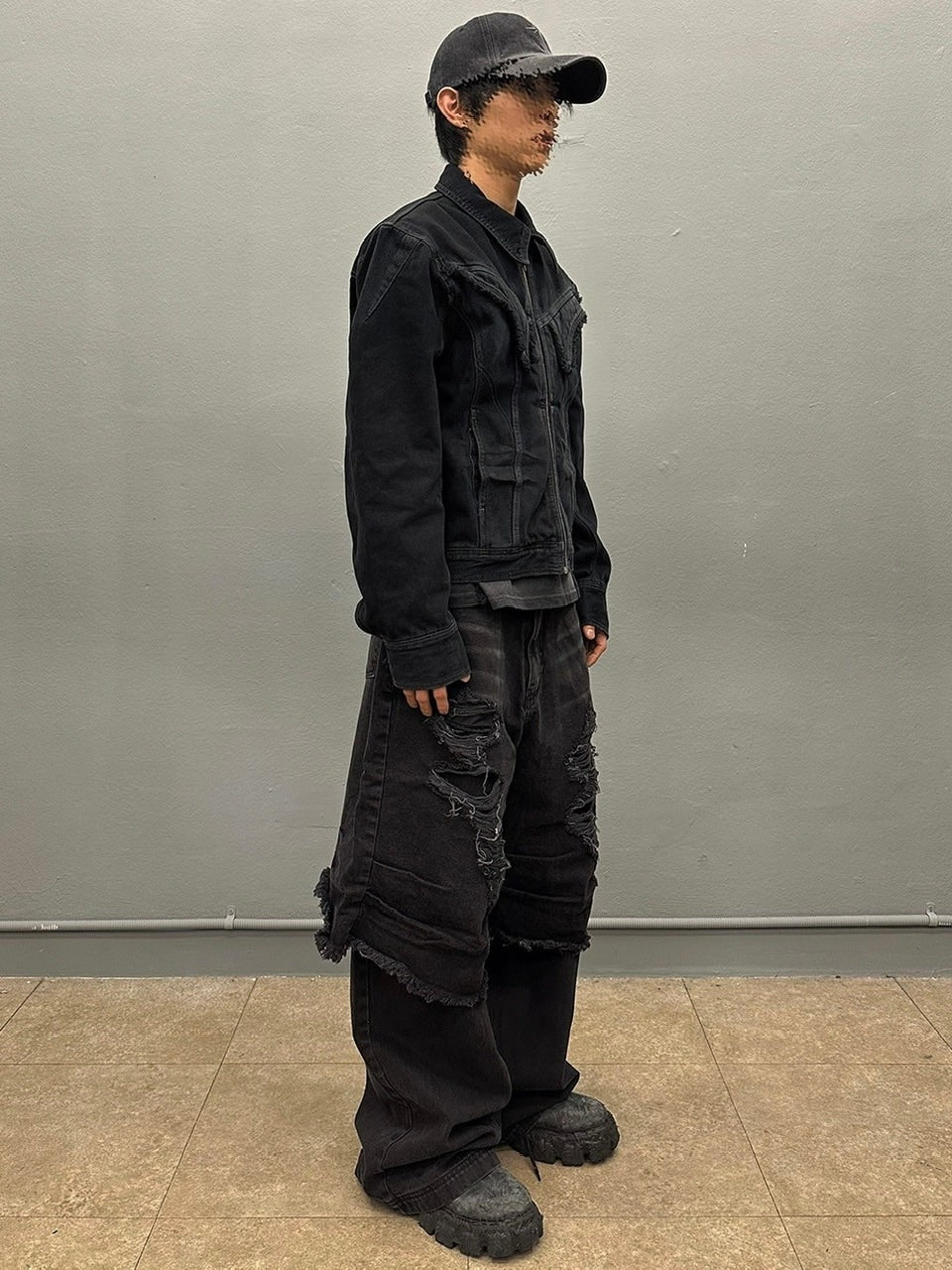 【BLR BLUER】Destroyed Double Denim Pants
