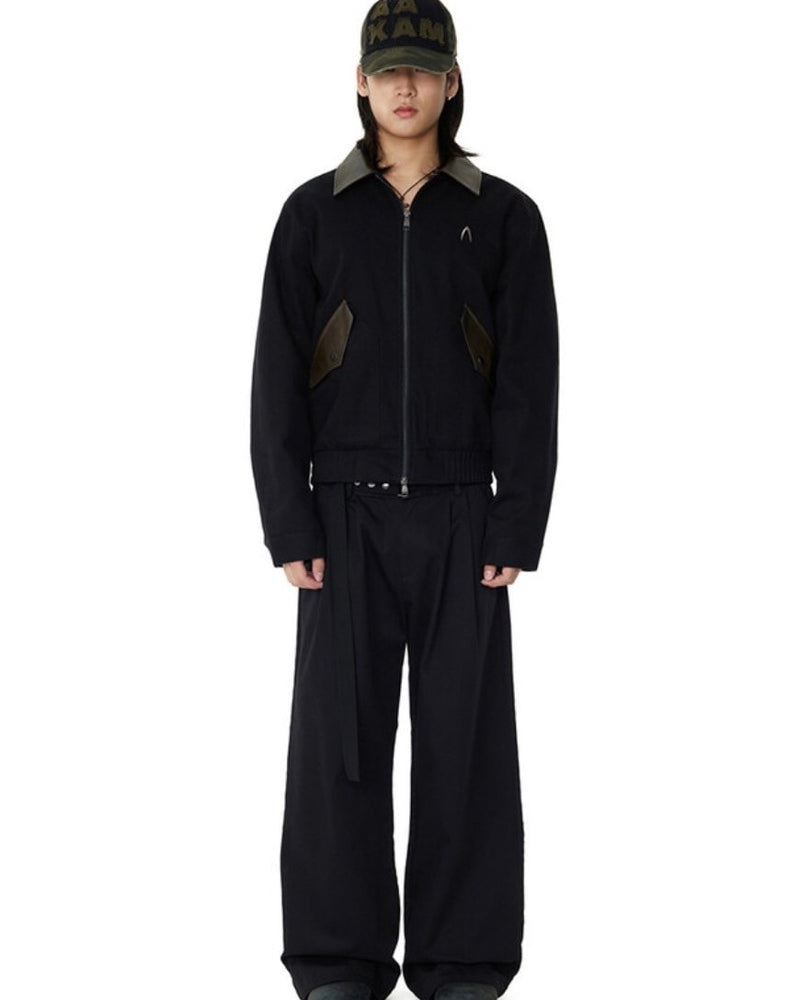 【AAKAM】Contrast Leather Work Jacket